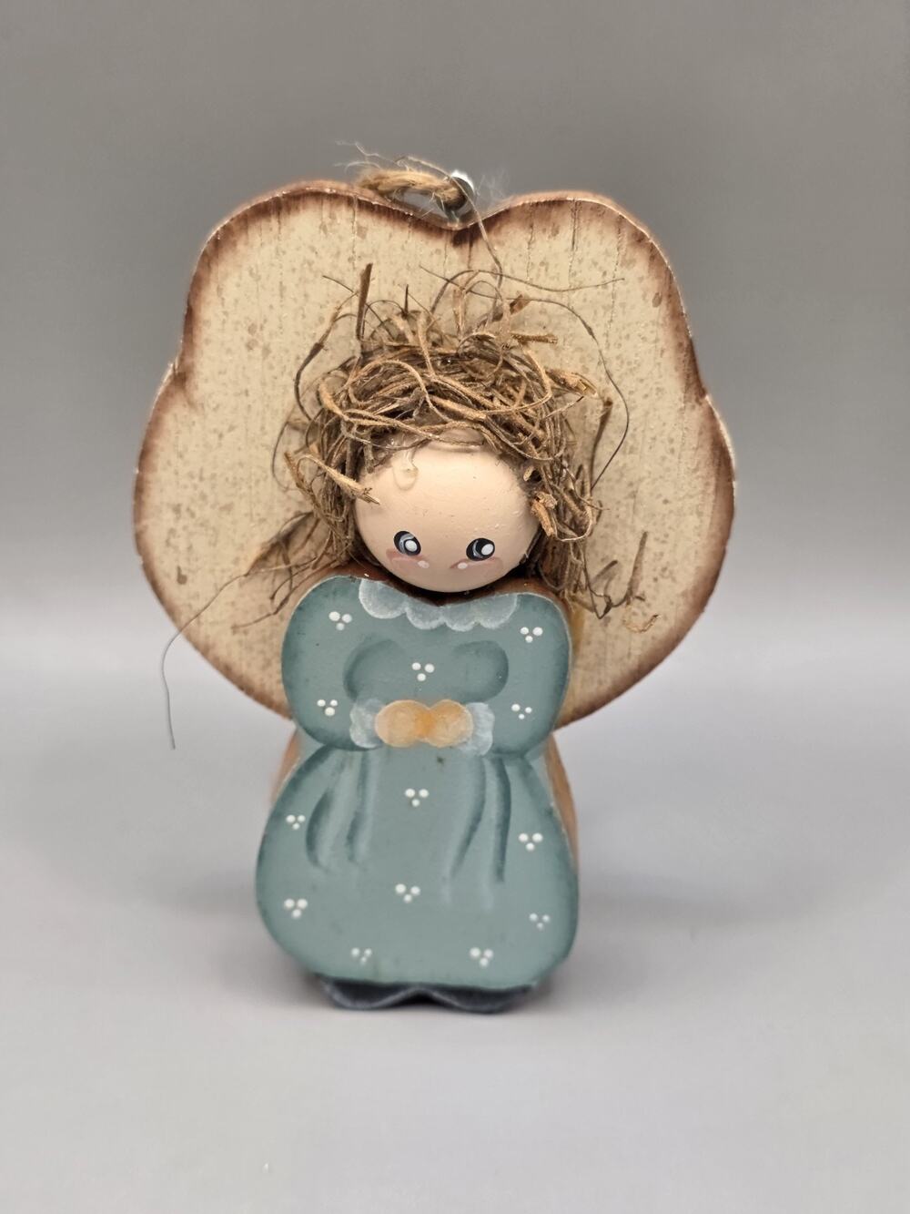 Vtg Hand Painted Wood Christmas Angel Ornament Blue Dress Big Wings